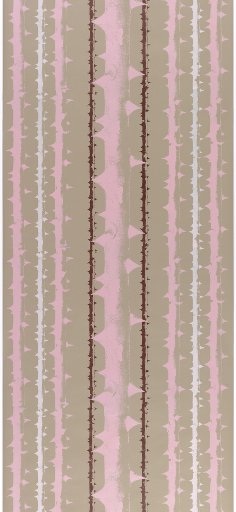 Large-scale photo enlargement of thorny rose stems creating a stripe pattern. The largest stem is centered while the right and left sides are mirror images of the other. Printed in pink, burgundy and white on taupe ground.