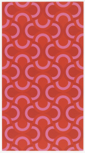 Overlapping, horizontally and vertically-aligned straight-sided elipses, outlined and filled with wide bandings in deep red, cherry red, and shocking pink.