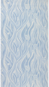 Pre-trimmed paper-backed washable vinyl wallcovering. Swirls of water or flames printed in shades of blue.