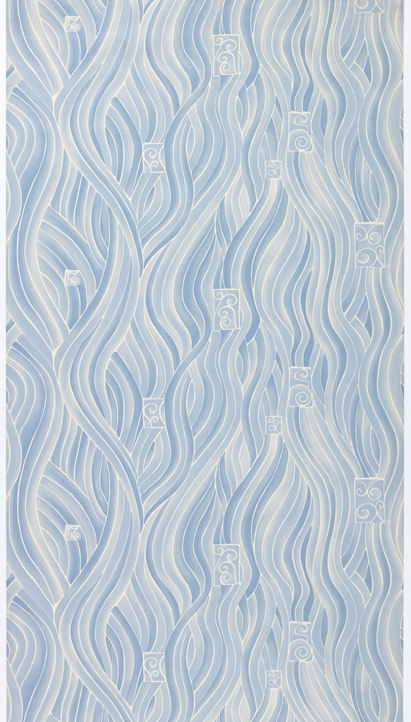Pre-trimmed paper-backed washable vinyl wallcovering. Swirls of water or flames printed in shades of blue.