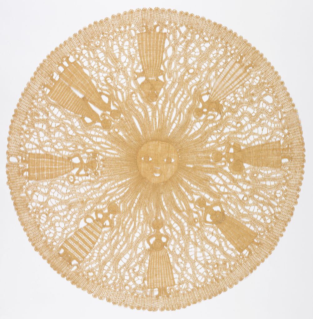 Circular hanging with the face of the sun in the center; female figures in long skirts are arranged around the circle, with waving lines filling the spaces between.