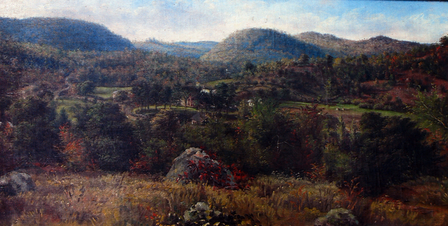 Painting of a vast landscape with rolling tree-covered hills in the background, wooded area in the middle with small structures visible, and grassy area in the foreground with big rock and red leafy plant.