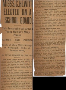 yellowed newspaper clipping with headline: "MISS S C HEWITT ELECTED ON A SCHOOL BOARD. This remarkable all-around woman's many phases. farmer and farrier. Builder of Stone walls, manager of restaurant, writer of technical work. An active member of the 400 club."
