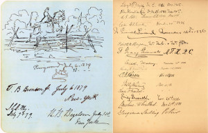 Two pages, one blue and one pinkish, with many scrawled, mostly illegible inky signatures and brief notes. The blue page at left has a large, well-defined line drawing of a horse jumping over a fence, the sketch takes up almost half the page and includes trees and foliage.