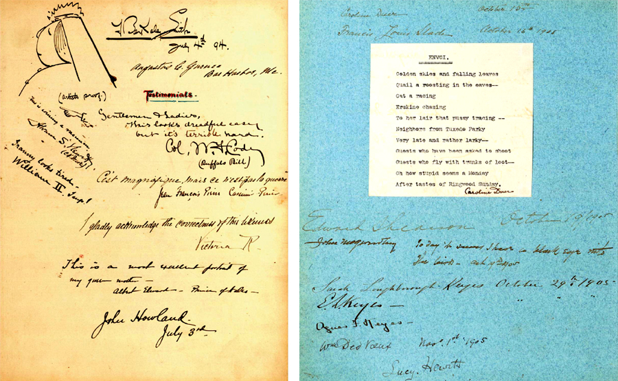 Two pages, one yellow one bluish, covered in inky mostly illegible signatures and brief notes. The yellow page at right has a cartoon profile of a lady in a tiara with veil, the image at right has a bit of poetry from a typewriter pasted into the middle of the page.