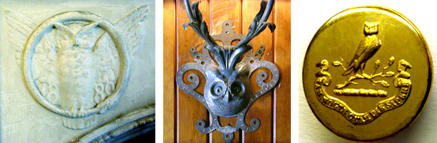 Three images, a stone owl carved into what appears to be a doorframe or archway, and a cartoony cast metal owl protruding from a wooden wall, and a small owl moulded into a tiny golden button with insignia below.