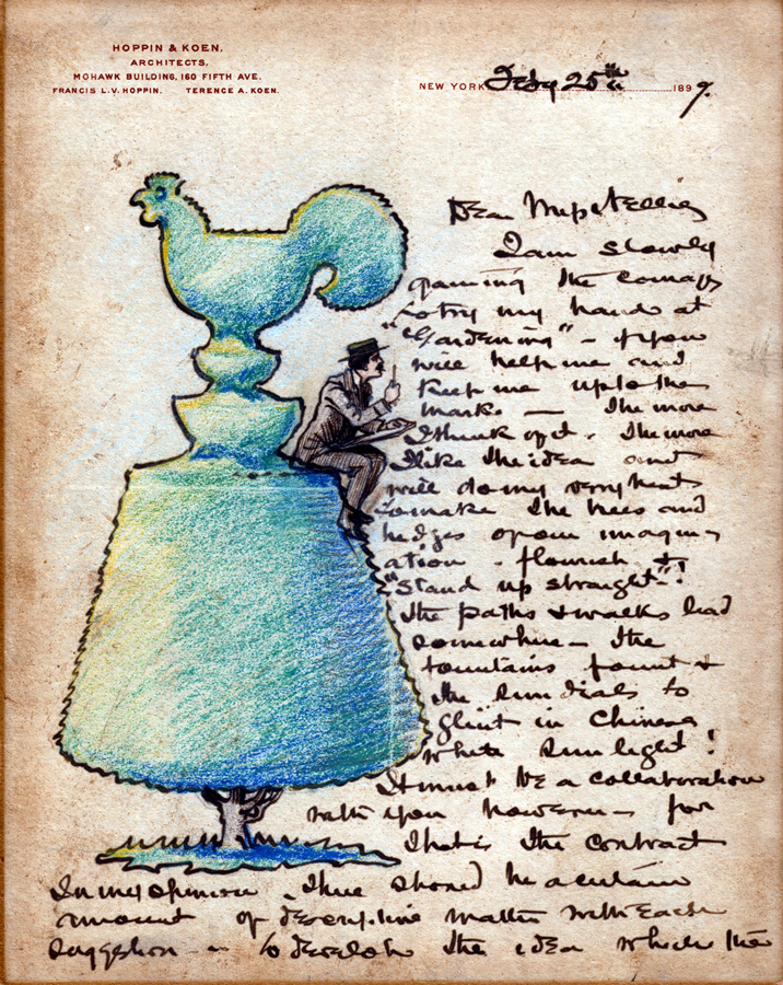 Letter with scrawled, inky, mostly illegible text on the right, and a very well-drawn cartoon on the left, taking up the whole left side of the page. The cartoon is of a man sitting on the top of a big sculpted hedge, in the shape of a cylinder with a rooster on top. The letter is on letterhead from Hoppin & Koen architects.