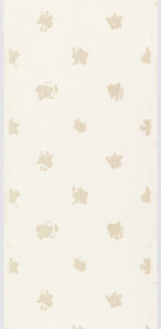 Repeating design of widely-spaced irregular circular shapes, printed in taupe flock on a very pale beige or taupe ground.