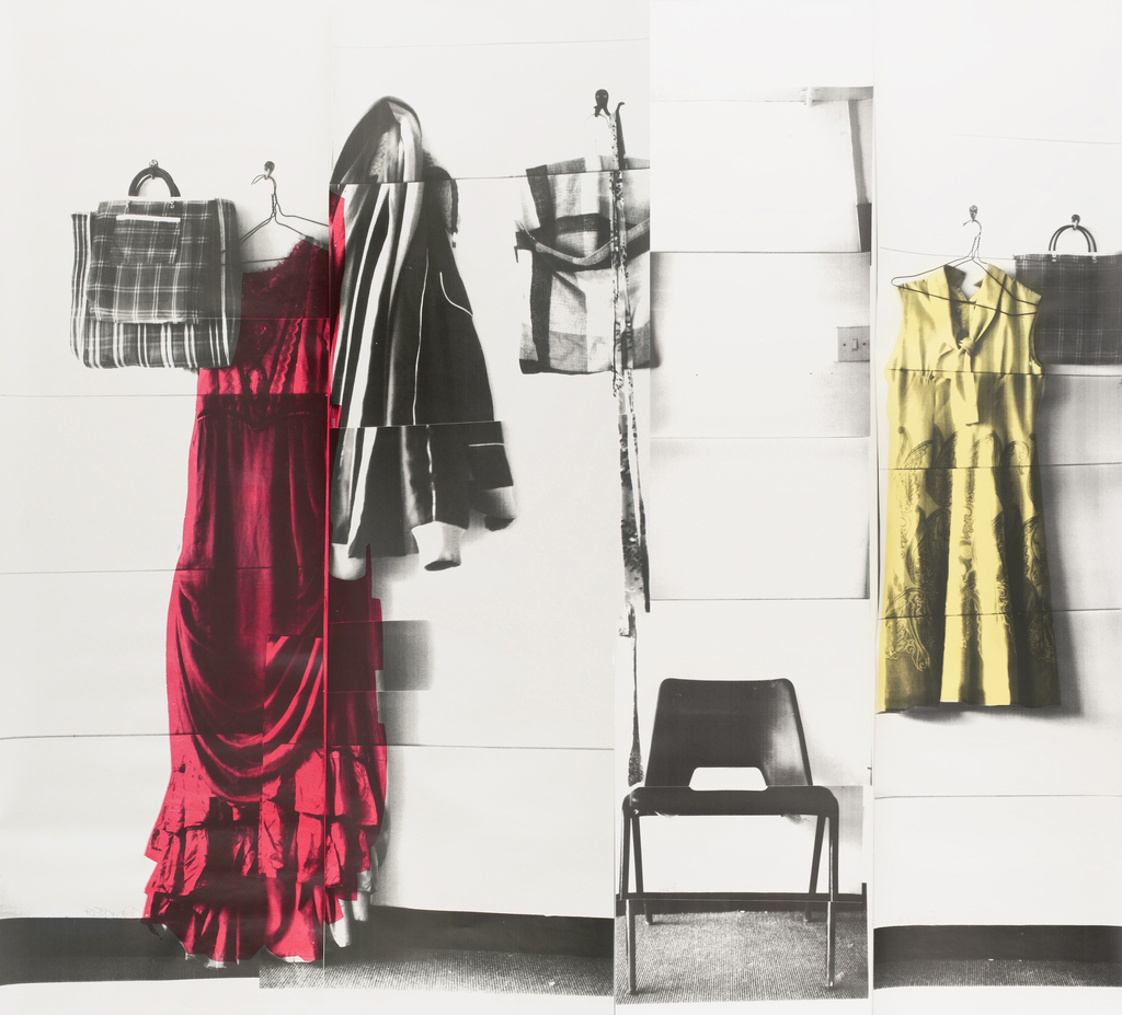 Screen printing of a photo montage showing an interior setting which includes coat hooks, frocks or dresses, handbags and a chair. The four panel set is printed mostly in a monochromatic sepia colorway with one dress printed in red and another printed in yellow. The composition includes three handbags suspended from hooks, two dresses on wire hangers suspended from hooks, and a mid-century chair.