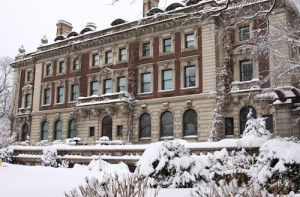 Photograph of Carnegie mansion covered in snow. Click on this image to learn museum hours.