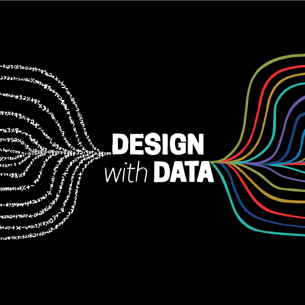 The banner for the 2023 National High School Design Competition, which features the words [Design with Data] in the center against a black background. Several branches of numbers and mathematical symbols, handwritten in white, emerge from the left of the image, while thick lines of color similarly emerge from the right.