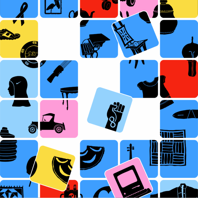 A grid of bright blue, red, yellow, and pink tiles with black silhouette illustrations of design-related objects and symbols that include tools, furniture, clothing, architecture, and graphic design.