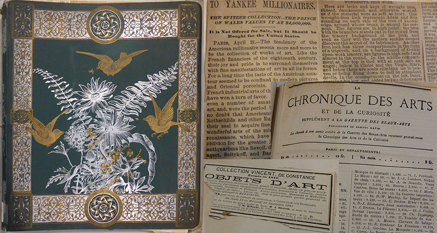 On the left, an ornate green, white and gold design with foliage and birds. On the right, yellowing newspaper clippings that use old-timey serifed typefaces.