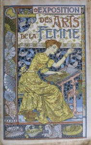 Extremely ornate design with floral and other patterns covering every inch of the page. A woman in long yellow dress sits at a desk, sewing embroidery. Fancy script above reads: "Exposition des Arts de la Femme"
