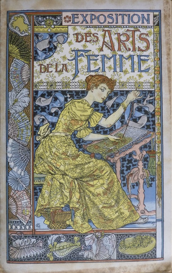 Extremely ornate design with floral and other patterns covering every inch of the page. A woman in long yellow dress sits at a desk, sewing embroidery. Fancy script above reads: 