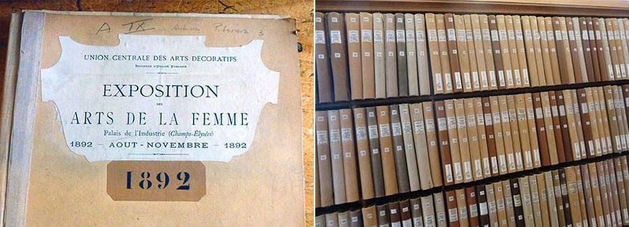 On left, Inside first page of a yellowing book with some vague penciled notes on top of page. On left, 3 rows of brown books on shelves.