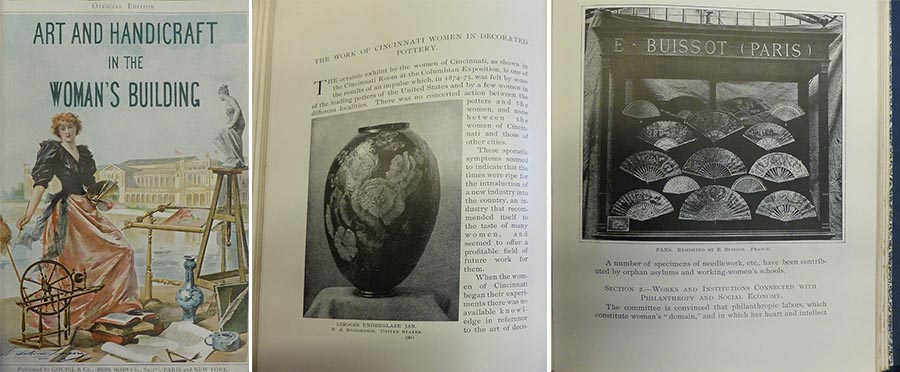 Three images side by side. On left, book cover showing a woman surrounded by art supplies, such as a spinning wheel, a small marble statue, embroidery stand, and books. Middle image, inside page of a book showing a large bulbous vase and text. Rightmost image, inside page of a book showing lots of hand fans on display in a case, with illegible caption below.