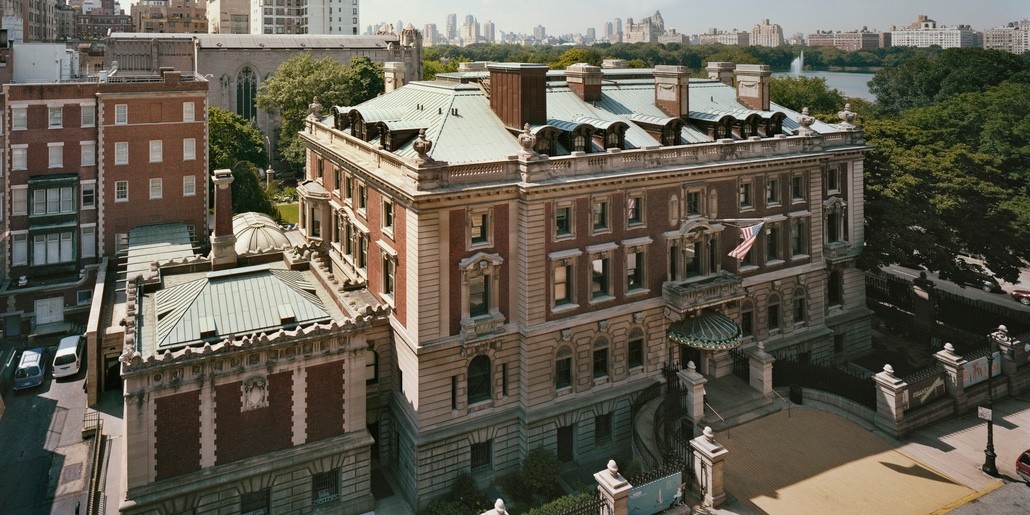 Aerial view of Cooper Hewitt, Smithsonian Design Museum located in the former residence of Andrew Carnegie. Read below for information about the museum's hours and admission prices.