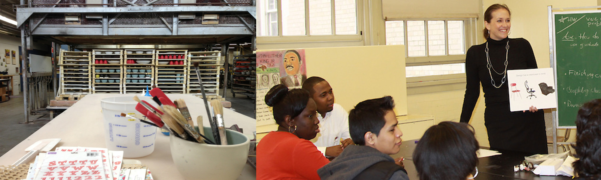 The left photo is of a ceramics studio desk with a bowl full of brushes and a measuring glass on the table top. In the right photo a woman holds a poster designed with chairs in front a teenage classroom.