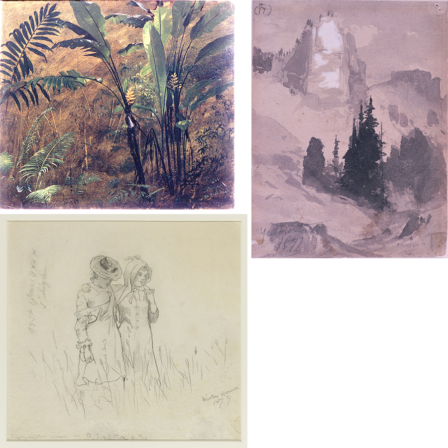 Clockwise from top left: Painting of jungle foliage, painting of a mountaintop with trees surrounding, and line sketch of two women walking arm-in-arm, wearing hats and looking dainty.