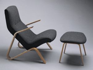 High-backed lounge chair with bentwood elements forming continuous arms/legs; upholstered in grey wool.