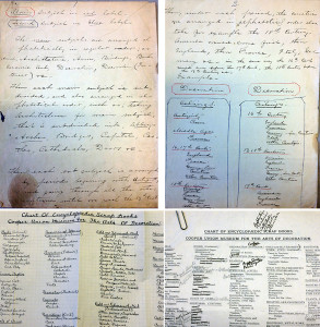 Four images of four different lists, partially typed and partially handwritten, yellowed paper.
