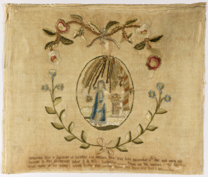 Oval picture of a young woman standing by a tomb beneath a weeping willow, surrounded by flowering sprays tied with ribbons. At the very bottom, an inscription and verse: Willamina Rine a daughter of Christian and Barbara Rine was born November 6th 1801 and Made this sampler at Mrs. Armstrong's School, Lancaster Teach me the measure of my Days ...Thou maker of my frame I would survey life's narrow space and learn how frail I am