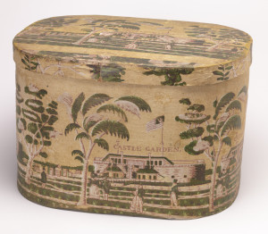 Bandbox and lid, Castle Garden, ca. 1830–40; USA; Block-printed paper on wood support; Gift of Eleanor and Sarah Hewitt, 1918-19-7-a,b