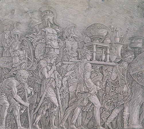 gray on gray sketch of muscular young men marching as if in a parade, wearing togas and holding armor and other objects over their heads on platforms.