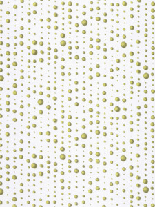 Polka-dot design with a vertical orientation. Printed in shades of green on a white ground, the size of the dots varies, and each has the appearance of being "dropped" onto the page.