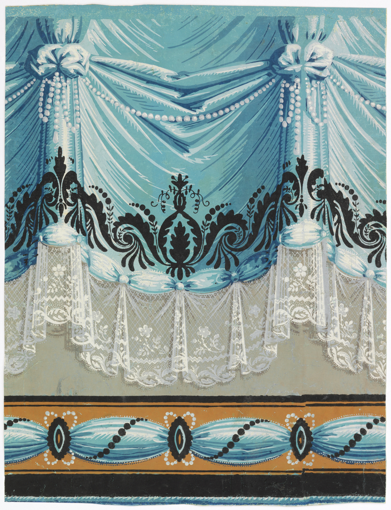 Gathered blue drapery with lace edging in white. Blue ribbon caught with medallions along bottom edge; was probably meant to be cut out to use as chair rail. Both motifs are ornamented with white pearls and black scroll and bead design.