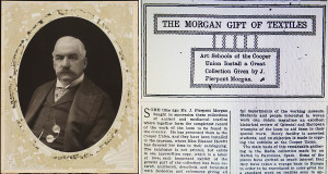 Two images, one is a portrait of a man in a suit, and the other image is a newspaper clipping announcing "THE MORGAN GIFT OF TEXTILES"