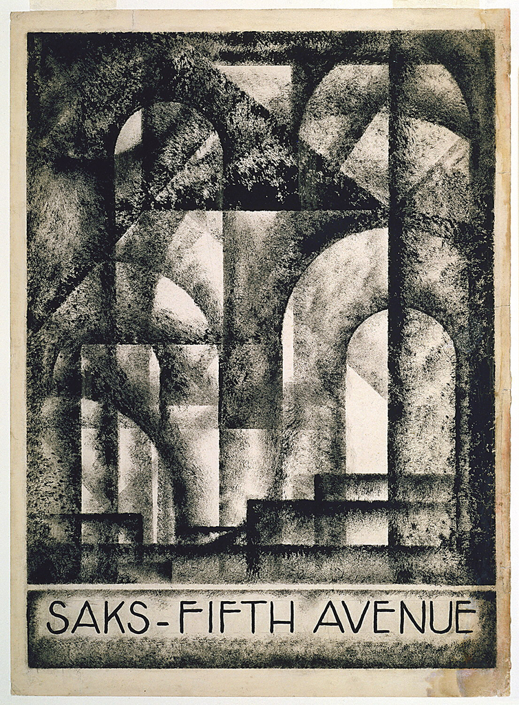 A cubist composition of light shining through overlapping, transparent arches with the name "Saks-Fifth Avenue" beneath.