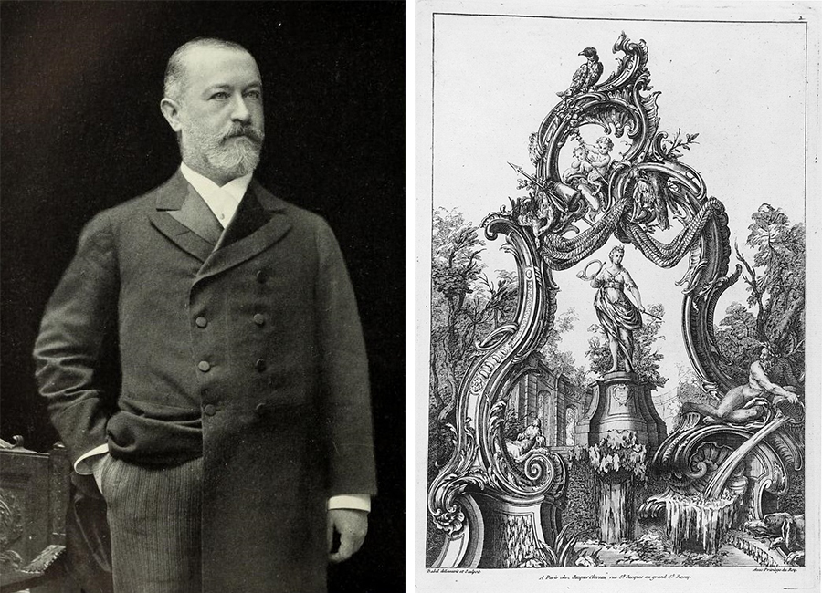 On the left, a portrait of a man standing proudly in a suit with one hand in his pocket. On the right, an ornate sketch of a fantastical swirling arch surrounded by cherubs.