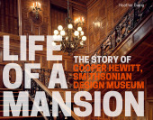 Dark wood paneled staircase with large chandelier and extremely large bold type saying "LIFE OF A MANSION" in all caps.