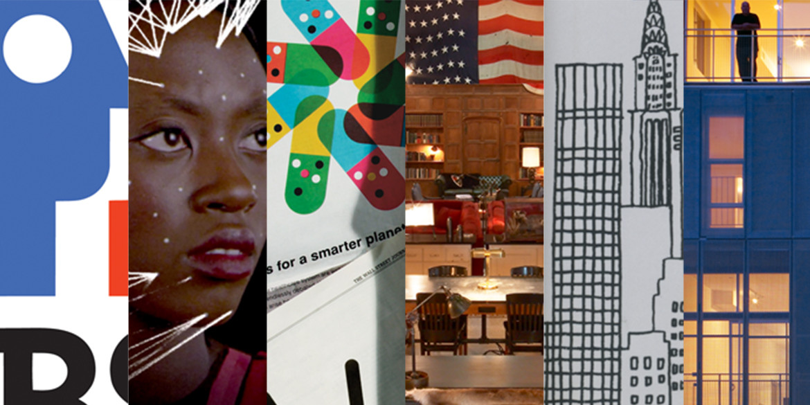 a collage of various design projects, including colorful graphics, works of architecture, a scooter, a fashion model, et cetera