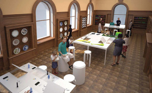 architectural rendering of a gallery space showing people touching objects on tables and sitting on designerly stools.