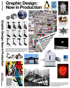 A collage of works of graphic design arranged on a white background. The title of the book is in a simple sans serif in black in the upper left hand corner.