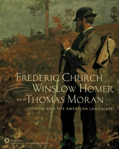 Book cover with white text over an oil painting, showing a man standing on a sloped meadow with a few bushes and a tree against a blue sky.