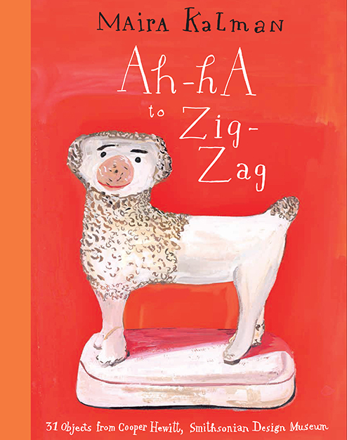 Painting of a dog figurine. The dog has black eyebrows. Hand-drawn lettering says Ah-Ha to Zig-Zag above the dog.