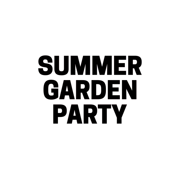 Words "Summer Garden Party" start in black block typeface, then expand into larger, colorful letters.