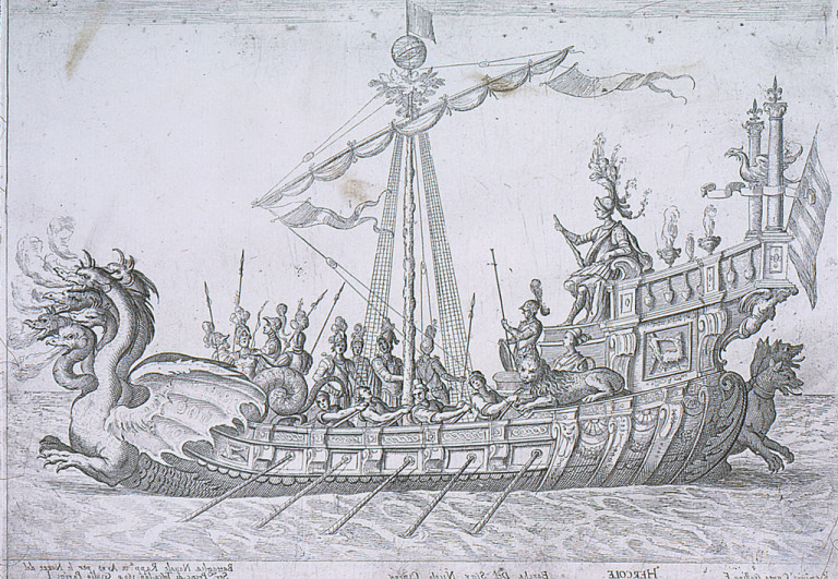 Print, From a Series of Naval Battles for Wedding Festivities of Cosimo Il deMedici, Ship of Heracles, 1608