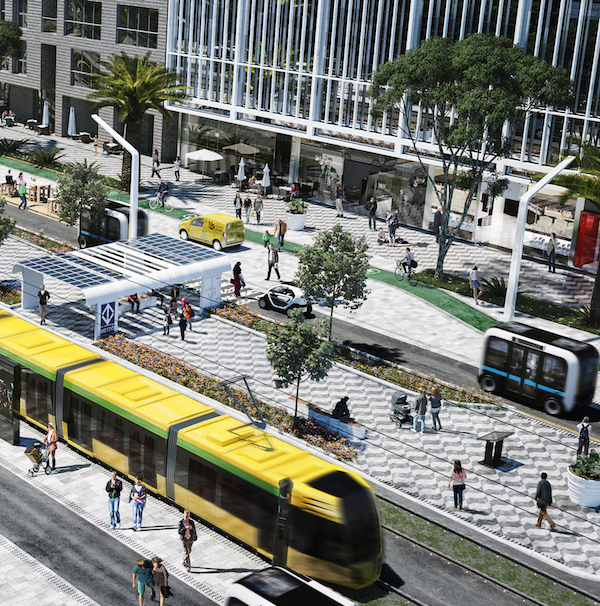 A photographic simulation of a streetscape of the future with multiple modes of public transport, people walking along expanded sidewalks, and dedicated bike lanes. Click on the image for information about the exhibition The Road Ahead: Reimagining Mobility now on view.