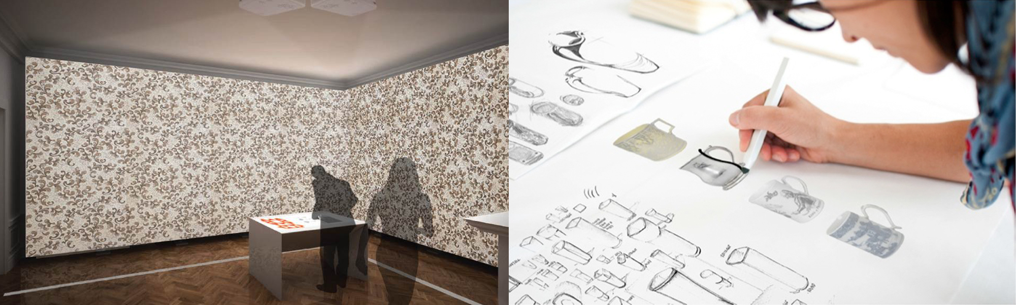 Image of two silhouettes in an architectural rendering of a room with pattern all over the walls and one of the people is hunched over a table, as if to draw. on the right, a different image of a woman sketching on a digital table, drawing a thick black line over the contour of a drawn teacup.