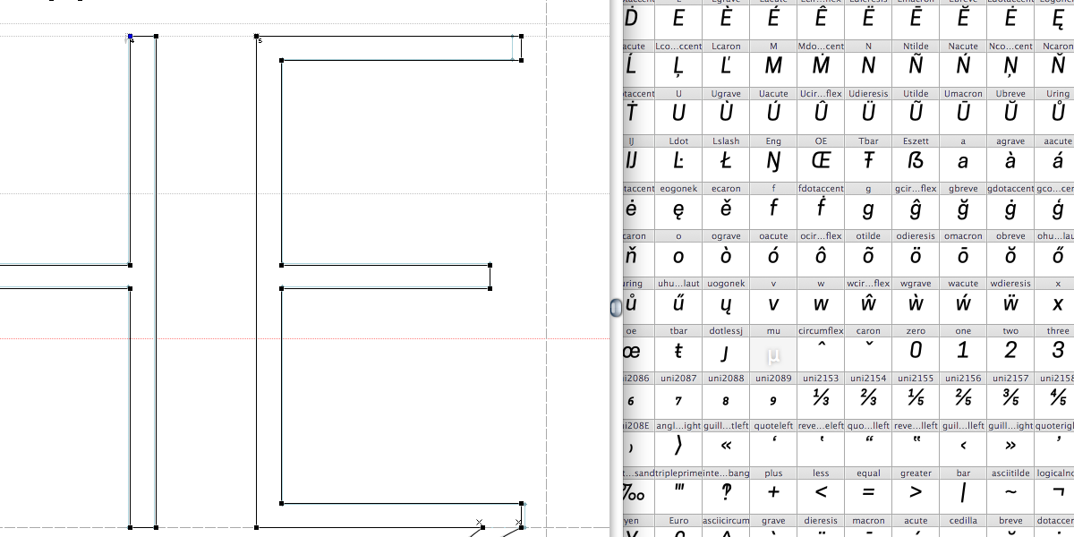 screenshots of a type design software showing letterforms with ruler overlays and a chart showing all glyphs in a grid.