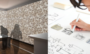Image of two silhouettes in an architectural rendering of a room with pattern all over the walls and one of the people is hunched over a table, as if to draw. on the right, a different image of a woman sketching on a digital table, drawing a thick black line over the contour of a drawn teacup.