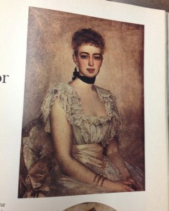 Painting of a woman with fancy dress and black neck ribbon