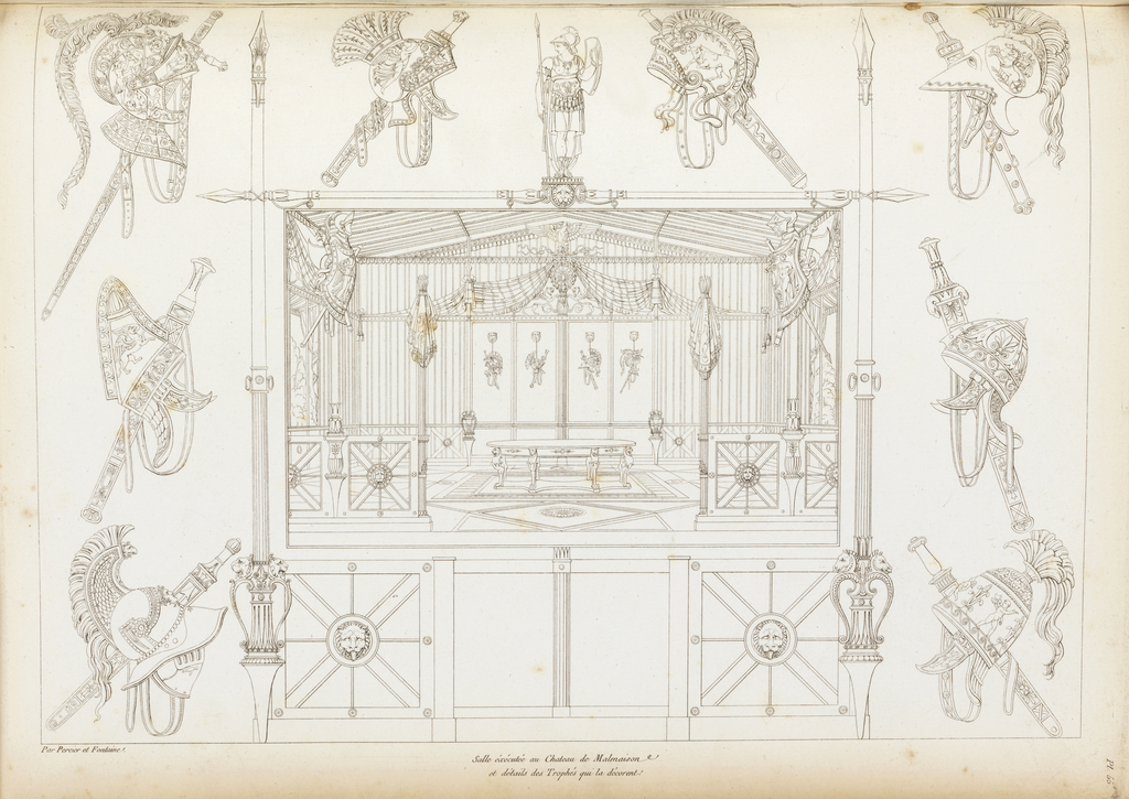 Room with table that has legs made of lions. Helmets, shields, swords and other trappings of war decorate the room’s interior and exterior.