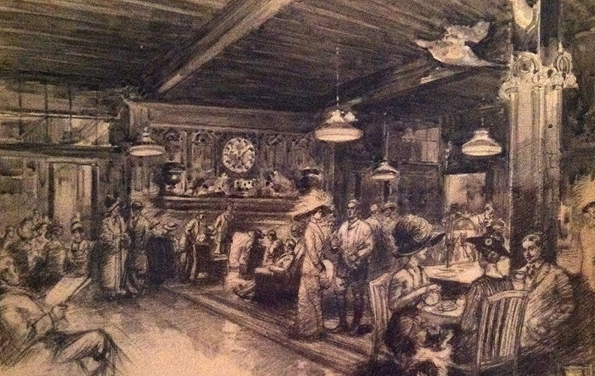 rough charcoal sketch of people socializing in a tavern.
