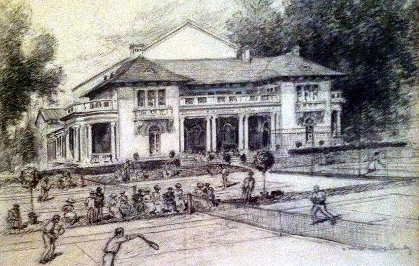 sketch of about 15 people gathered around two tennis courts.